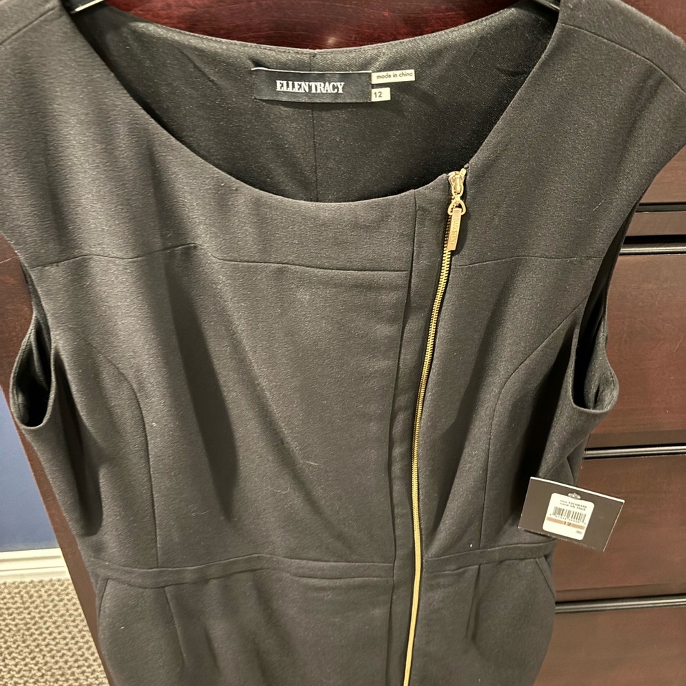 Ellen Tracy Black Sheath Dress with Gold Zipper Detail